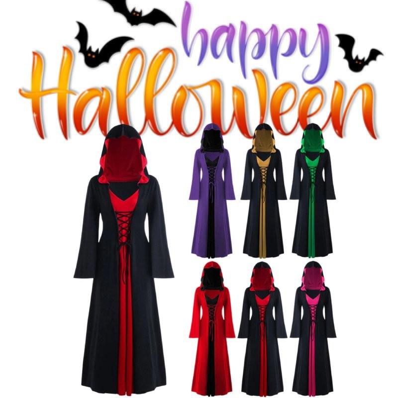 Lady Witch Halloween Hooded Loose Skirt V Neck Long Sleeves Costume Performance