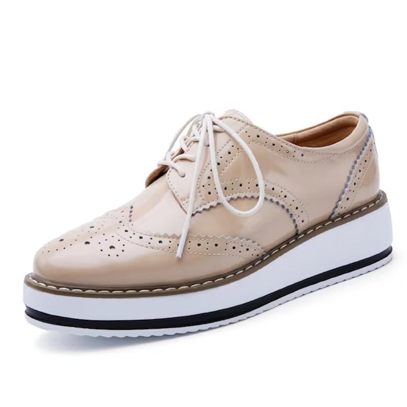 Women's Oxford Flats - Genuine Leather Wingtips Lace-Up Comfort Brogue Derby Patent Platform Casual Shoes for Spring Autumn