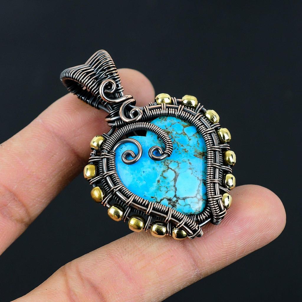 Handmade Wire Wrapped Turquoise Heart Pendant Oxidized Copper Jewelry Heart-Shaped Gemstone Pendant for Women