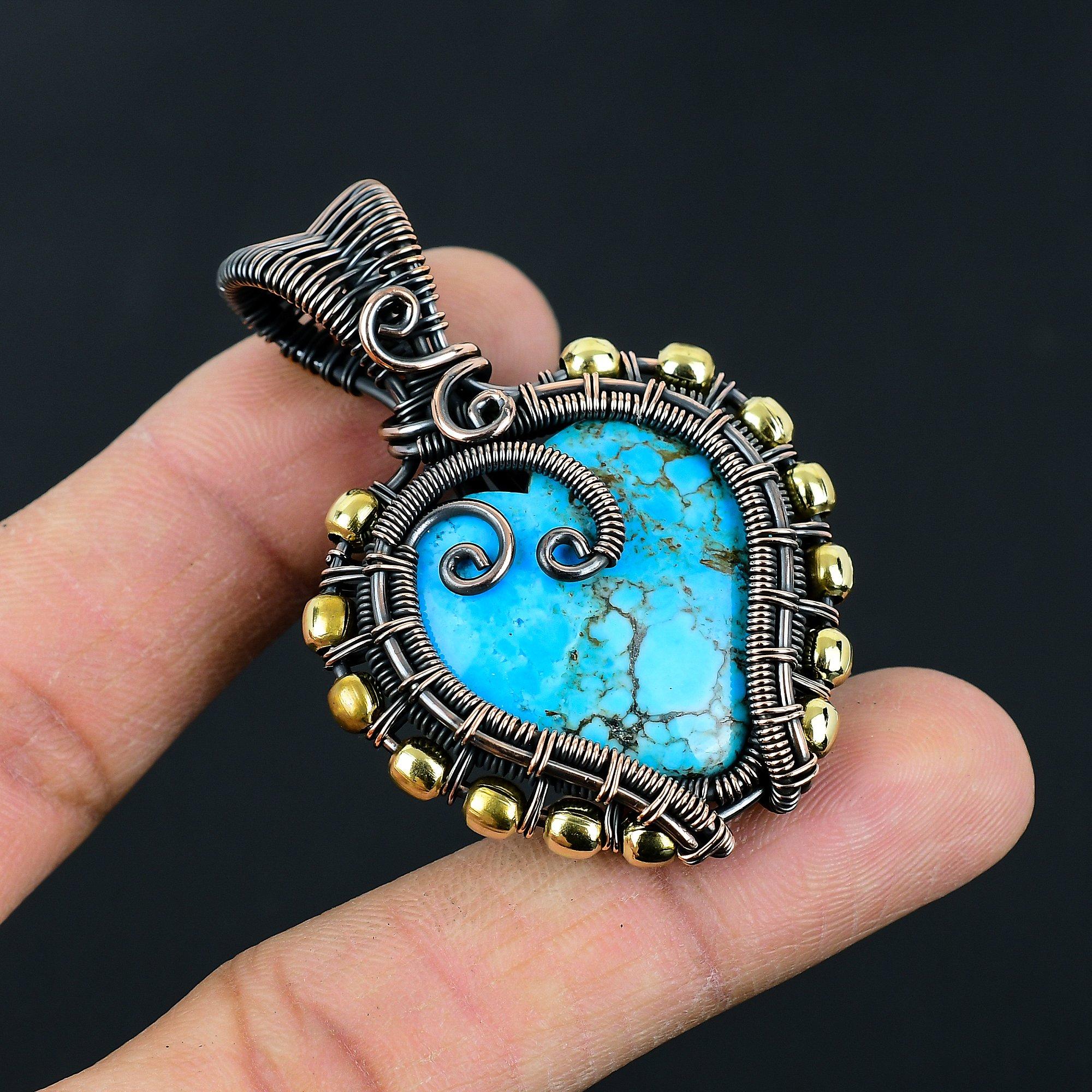 Handmade Wire Wrapped Turquoise Heart Pendant Oxidized Copper Jewelry Heart-Shaped Gemstone Pendant for Women