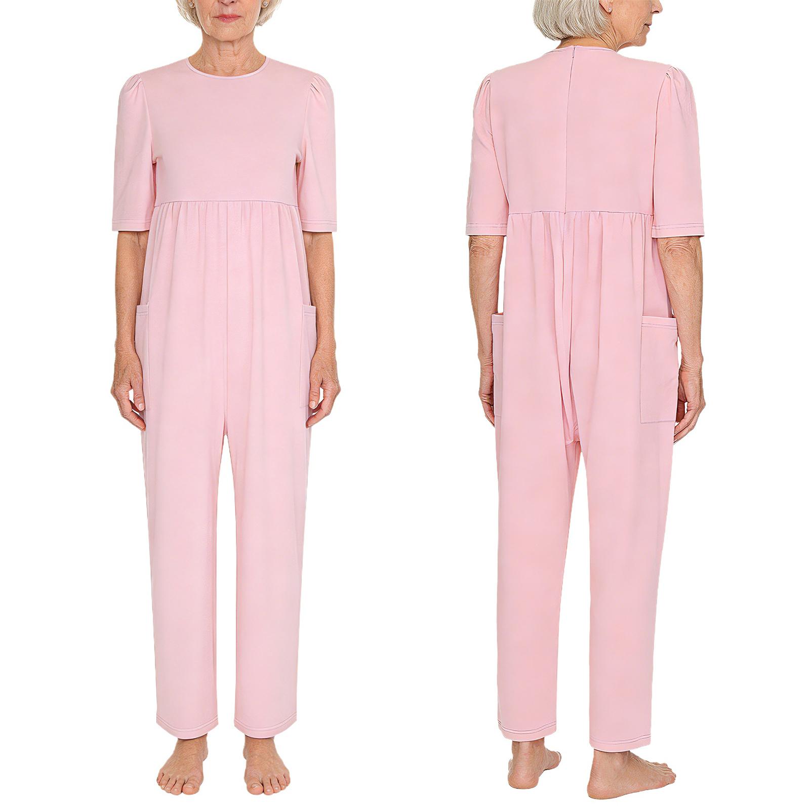 

S-XXL Women Dementia Patient Adaptive Clothing Short Sleeve Jumpsuit Side Pockets Long Pants Back Zipper Anti Strip Design S