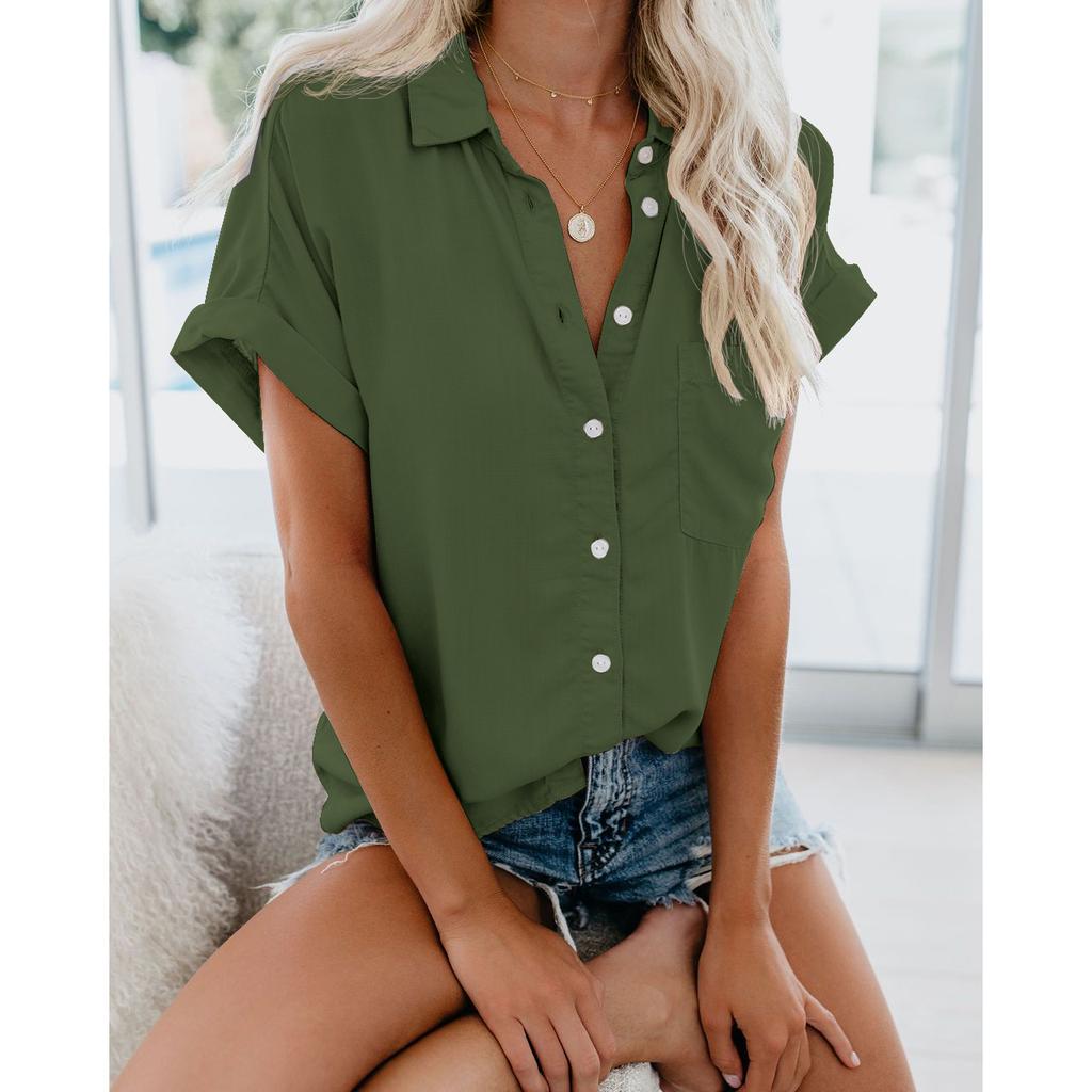 Women Elegant Solid Blouse and Shirt Summer Short Sleeve Turn Down Collar Loose Tunics Blouse Streetwear Tops