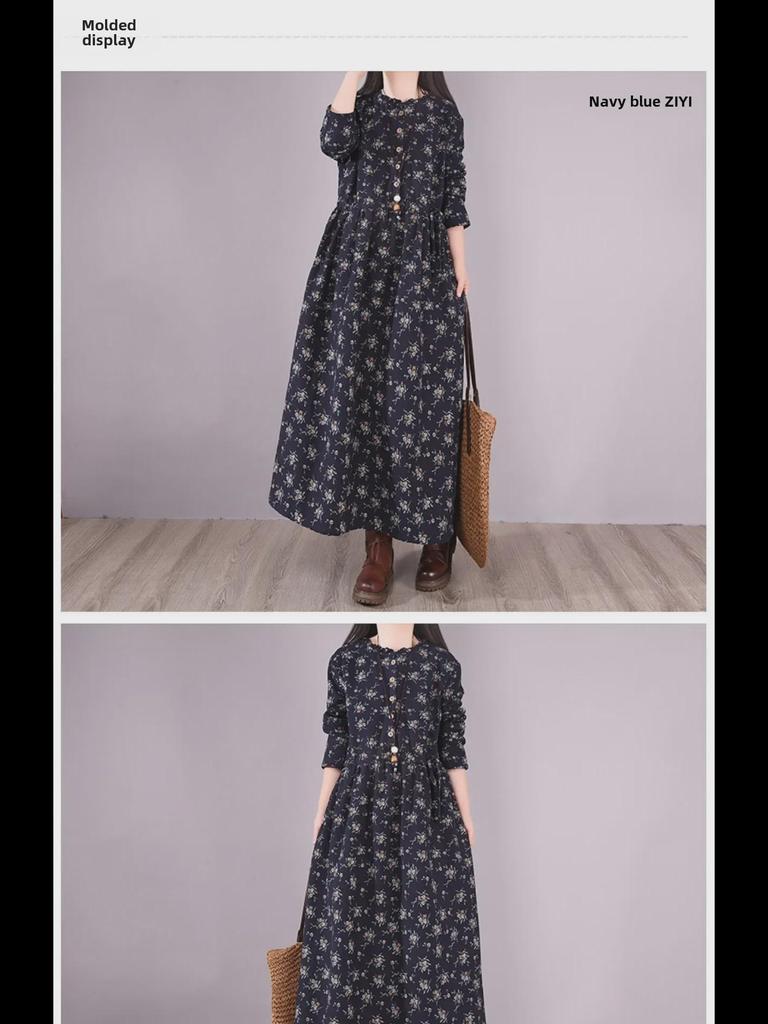 Women's Retro Floral Velvet-Lined Cotton Linen Dress - Round Neck, Long Sleeves, Loose Fit for Autumn/Winter 2023.