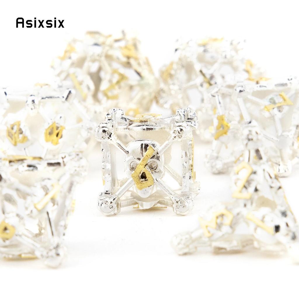 7 Pcs White Golden Skull Head Metal Dice Hollow Metal Polyhedral Dice Set Suitable for Role-Playing RPG  Board Game Card Game