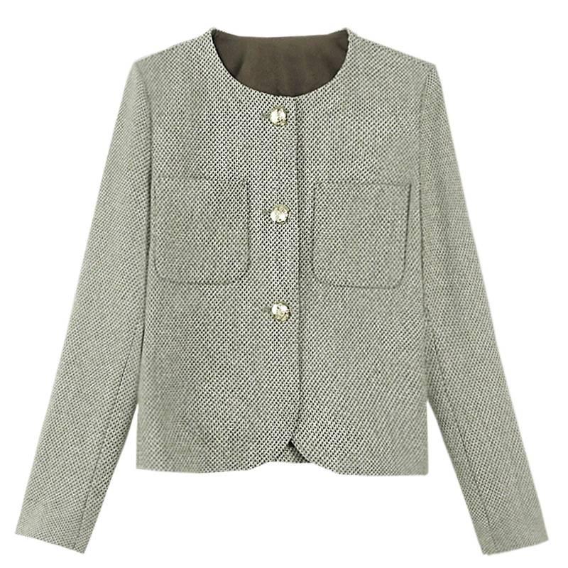 Women's French Style Round Neck Wool Tweed Jacket