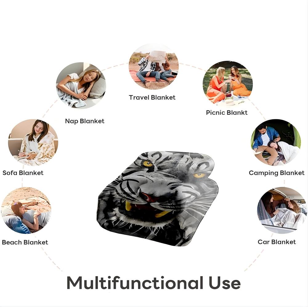 1PC White Tiger Arts Power Animals Blanket Flannel Thin Blankets for Home Office Travel Camping Perfect Gifts Four Season Use