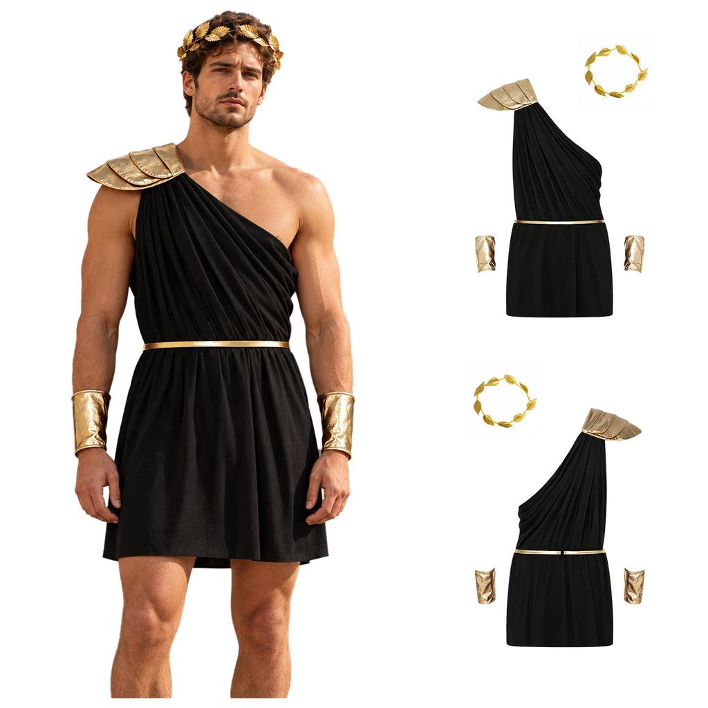 Men One Shoulder Greek Costume Toga Jumpsuit with Tiered Epaulet Elastic Waist Detachable Belt Cuffs Leaf Wreath for Stage Performance Cosplay