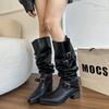 Fashion Hot Girls Footwear Street Style Pleated Long Boots Pointed Toe Slip on Black Khaki Knee-High Mid Heel Autumn Boots for Woman 35