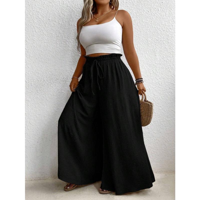 Women Casual Loose Drawstring Mid Waist Solid Color Wide Leg Long Pants