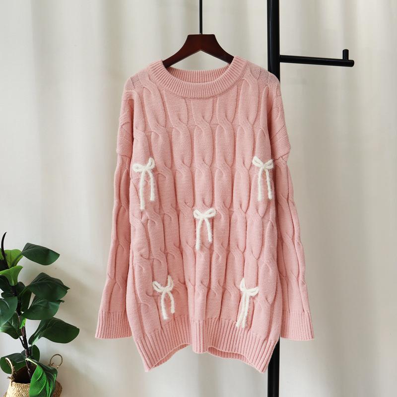 

Трехмерный свитер-пуловер с бантом, осенне-зимний новый молочный фуфу, мягкий, восковой, свободный вязаный свитер, топ женский one size fits all розовый