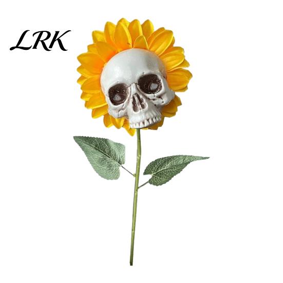 Halloween Lawn Decoration Sunflower Skull Ornament, Theme Garden Decor, Potted Resin Flower Pot Plant Waterproof Outdoor Decoration, for Patio