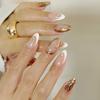 24Pcs White French Tip Press on Nails Star Fake Nails with 3D Gold Design Short Almond Glossy Gold Curve Line False Nails Star Rhinestone Stick on