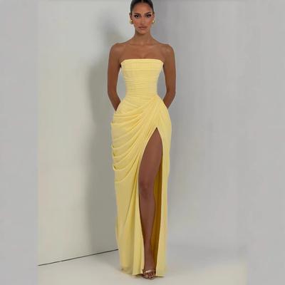 2026 New Spring Summer Yellow Strapless Maxi Dress Ruched High Slit Evening Gown Bodycon Wedding Guest Party Dress Women