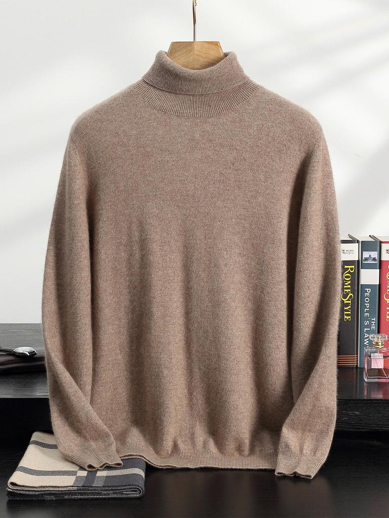 Men's High Neck Cashmere Sweater - Solid Color, Long Sleeve Knitwear for Casual and Business Wear