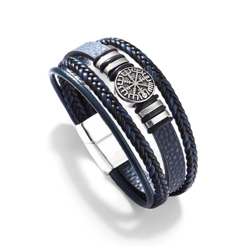 Плетеный кожаный веревочный браслет - Модный мужской многослойный браслет в стиле панк - Персонализированный браслет в форме компаса 7.5inch синий