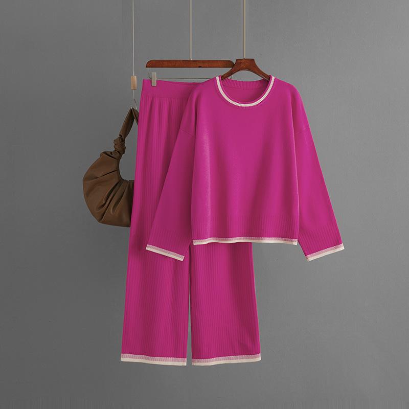 Knitted casual suit women's clothing autumn and winter new contrasting colors long-sleeved crew neck fashion two-piece set