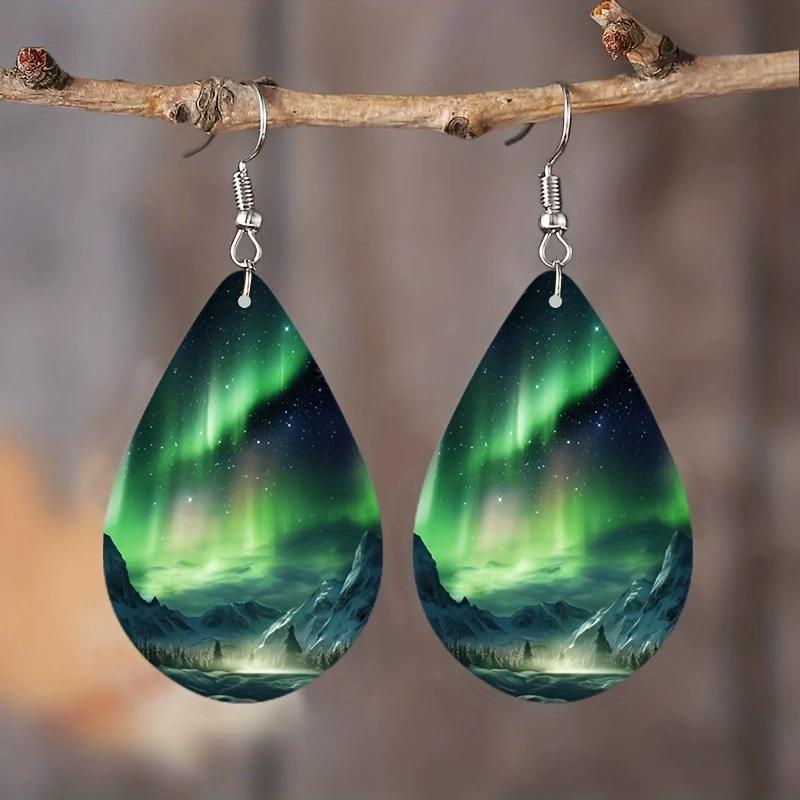 

New Flower Plant Aurora Wooden Dangle Earrings Hook Water Drop Earrings Glass Cabochon Shaped Jewelry Gift for Women Girls