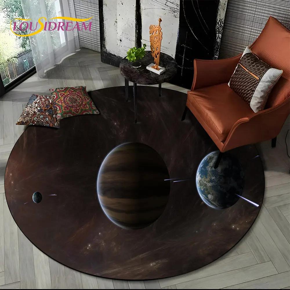 Earth Space Fixed Stars Galaxy Round Area Rug,Carpet for Living Room Children's Bedroom Sofa Playroom Decor,Non-slip Floor Mat