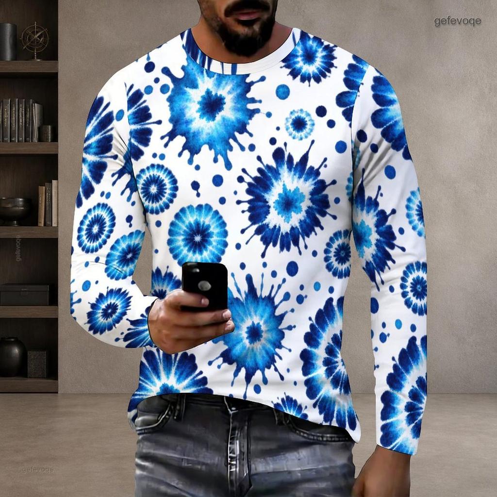 Herren Plus Size Rundhals Langarm Bedrucktes T-Shirt Weiß Lila Blau Pullover