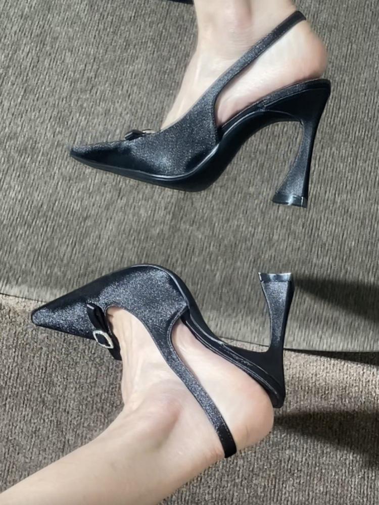 Purple satin horseshoe heel bow sandals women's pointed rhinestone buckle sexy high heels