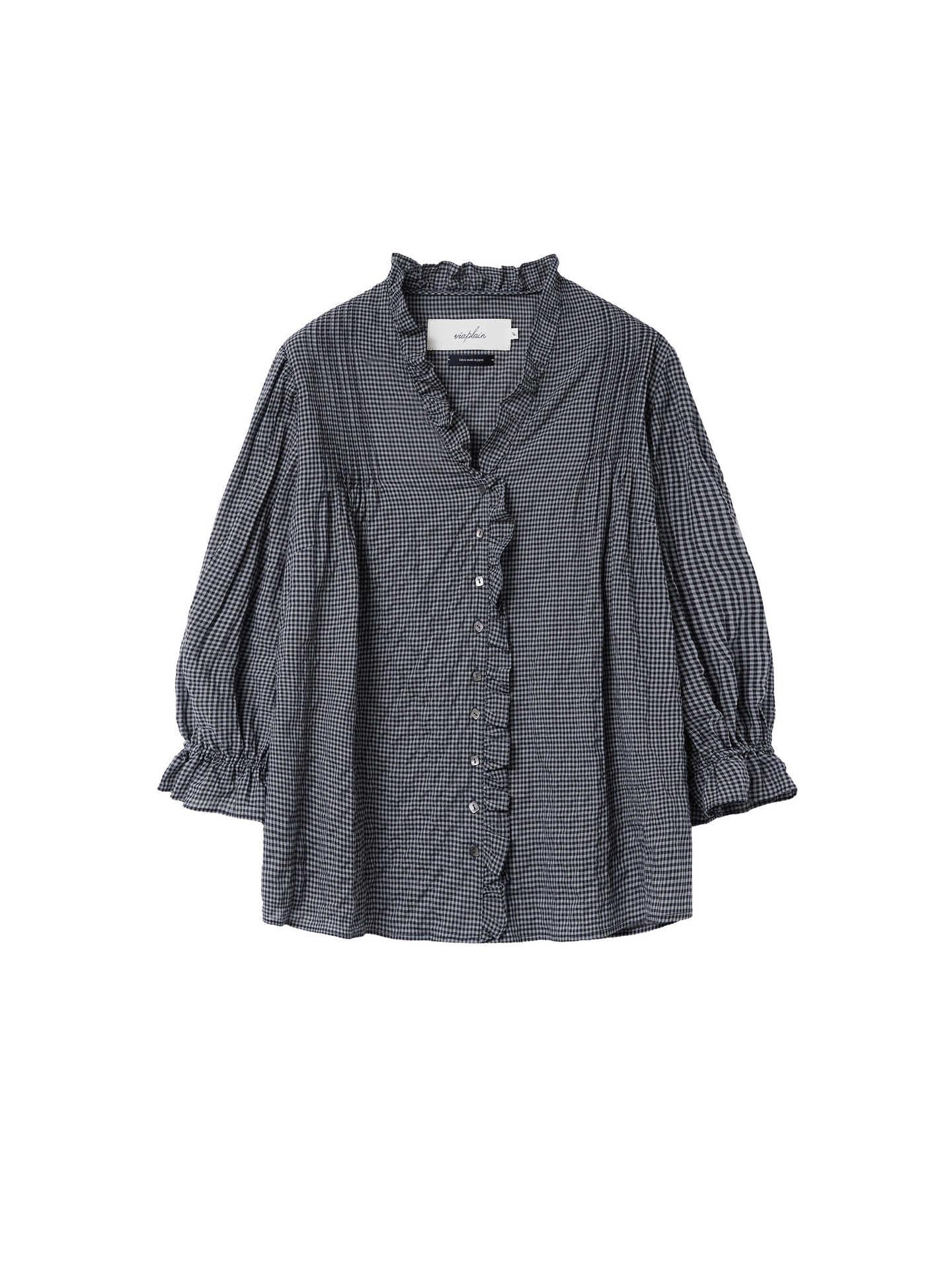 Korean Retro Ruffle V-Neck Plaid Long-Sleeve Women s Shirt One Size