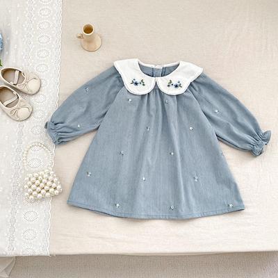 Koreanischer Stil Mädchen Stickerei Kragen Corduroy Prinzessinnenkleid, Langarm für Herbst & Frühling