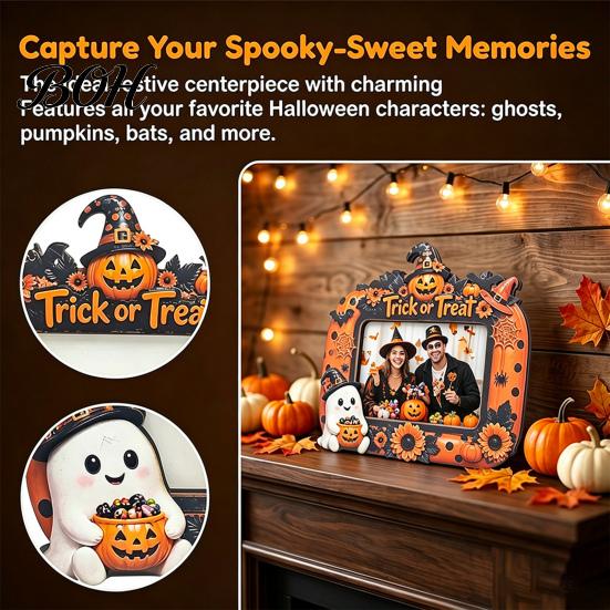 Halloween Photo Frame Frame, Wooden Desktop Picture Holder for Spooky Party Decoration Decorative Mantle Piece And Festive Home Decor, Vintage