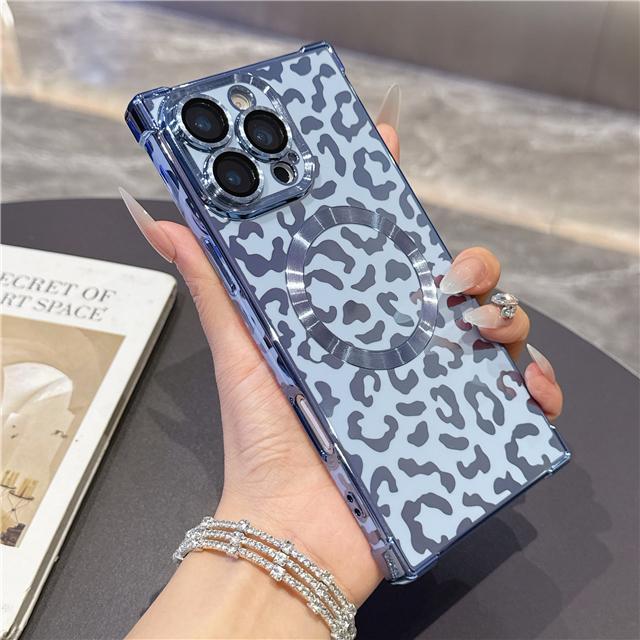 For For Iphone 16 Pro Max Leopard Print Magnetic Plating Frame Phone Case For For Iphone 13 14 15 Plus 17 Air Back Cover iPhone 16 Plus