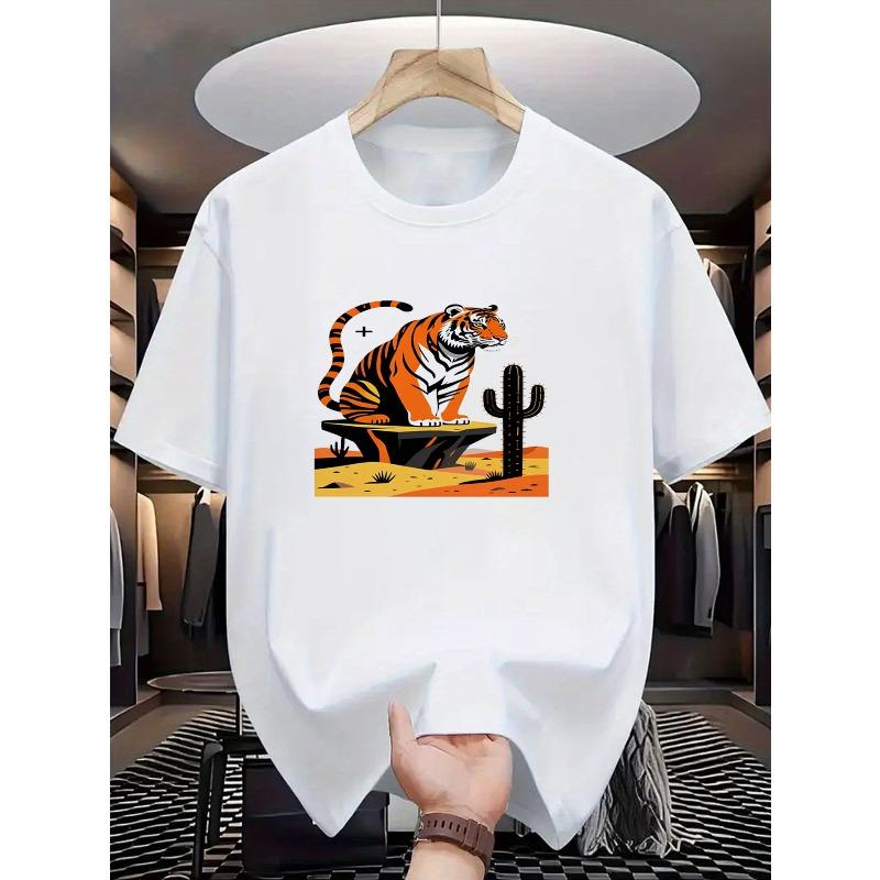 Men'S T-Shirt Featuring an Illustration of a Tiger And a Cactus, Stylish Adult Tee with a Trendy Short Sleeve Design for Casual Wear
