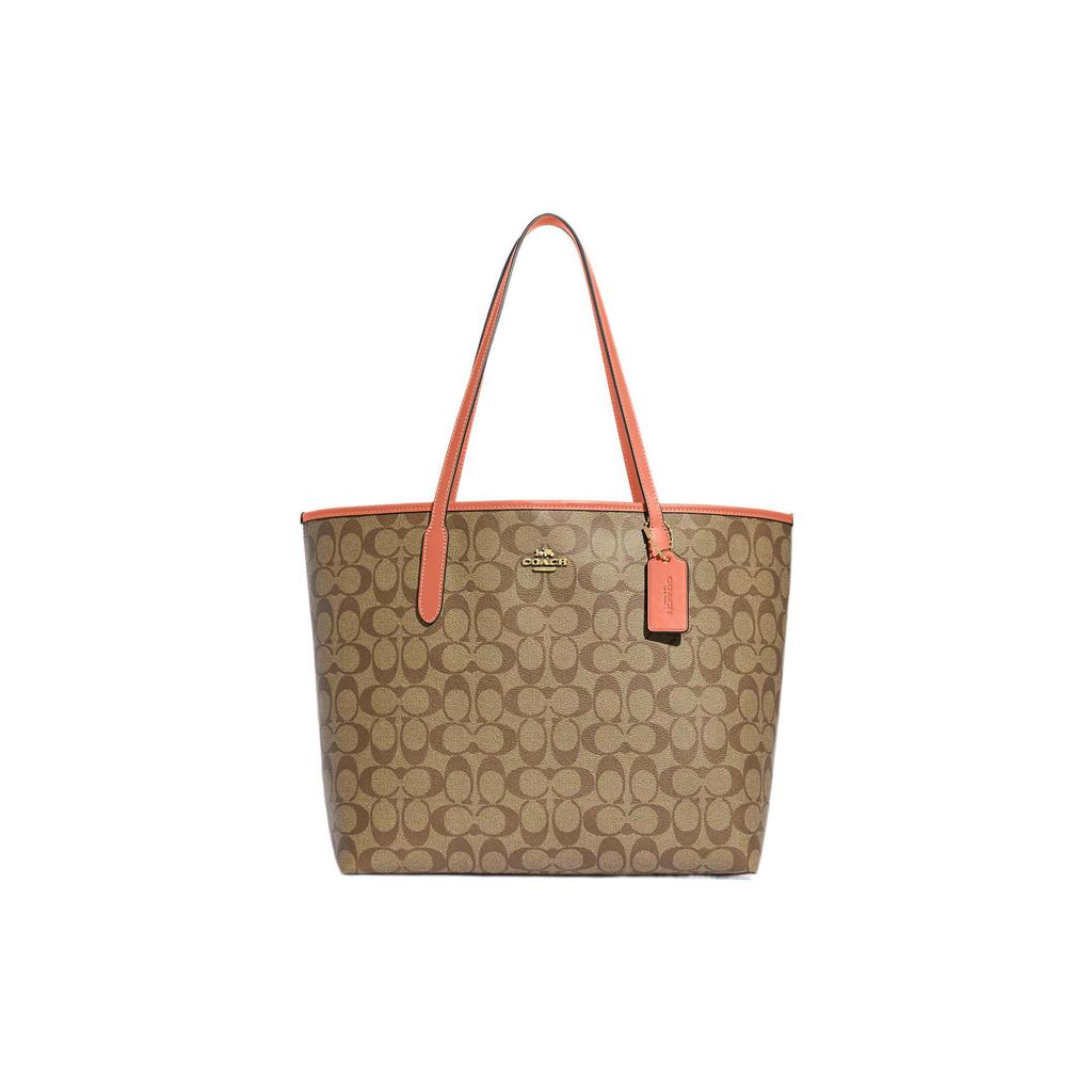 New COACH City PVC Tote Bag Shopping Bag Handbag Shoulder Bag Large Size Women's Khaki With Light Coral 5696-IMVH0
