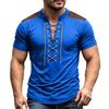 Men's Vintage V-Neck Shirt with Button Placket Short Sleeve Casual Summer Top