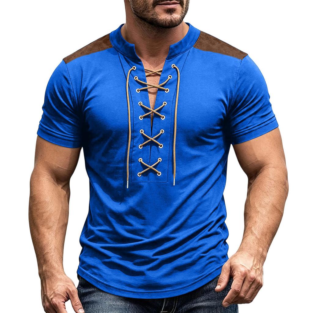 Men's Vintage V-Neck Shirt with Button Placket Short Sleeve Casual Summer Top