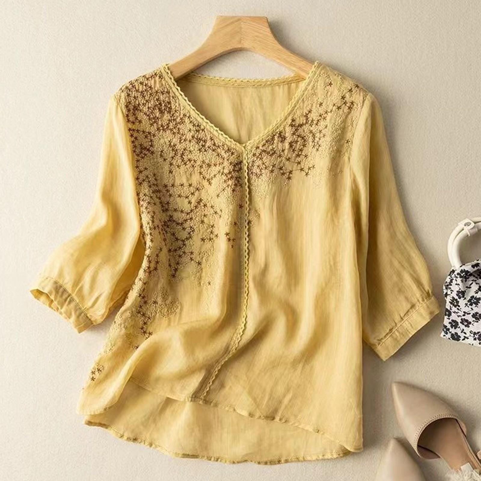 

Женская хлопково-льняная футболка с коротким рукавом, вышивкой, винтажная, дышащая, топ с V-образным вырезом XL жёлтый