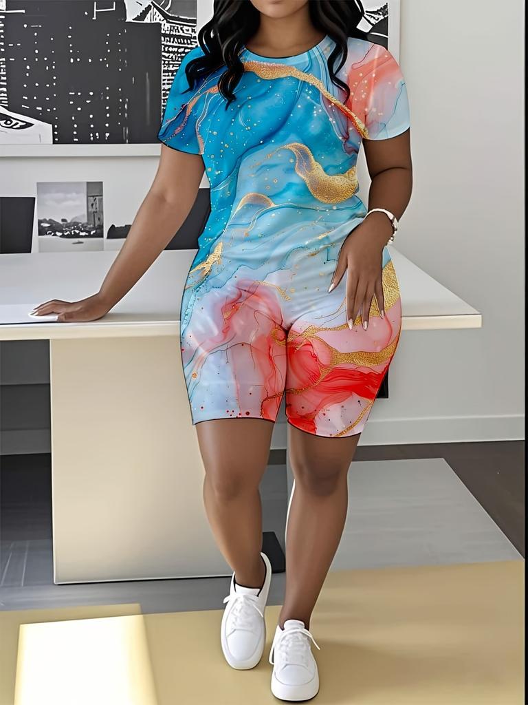 Abstract code European and American women's clothing butterfly printing T-shirt shorts set sports suit