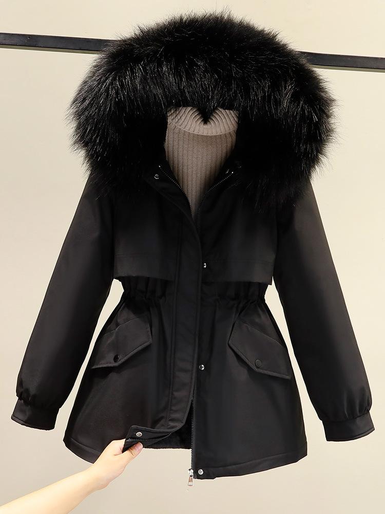 

Женская стеганая зимняя большая меховая куртка женская свободная тонкая теплая парка с капюшоном пуховик M чёрный