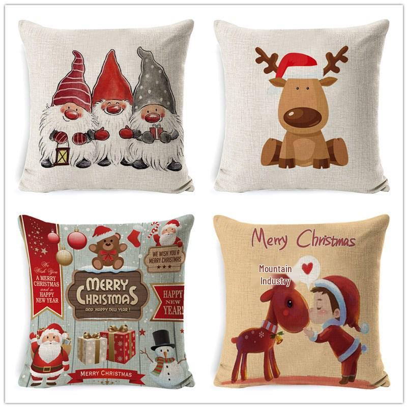 New Linen Christmas Pillowcase with Santa Claus and Reindeer Design
