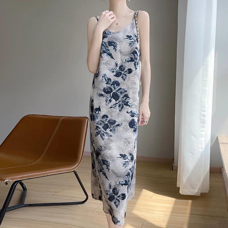 Women s Satin Slip Dress Floral Print Spaghetti Strap Midi Dress L синий