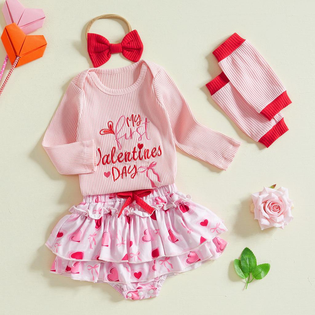 Baby Mädchen Valentinstags-Outfit Buchstabenstickerei Langarm-Strampler mit Herz-Print-Rock und Schleifen-Stirnband Stulpen