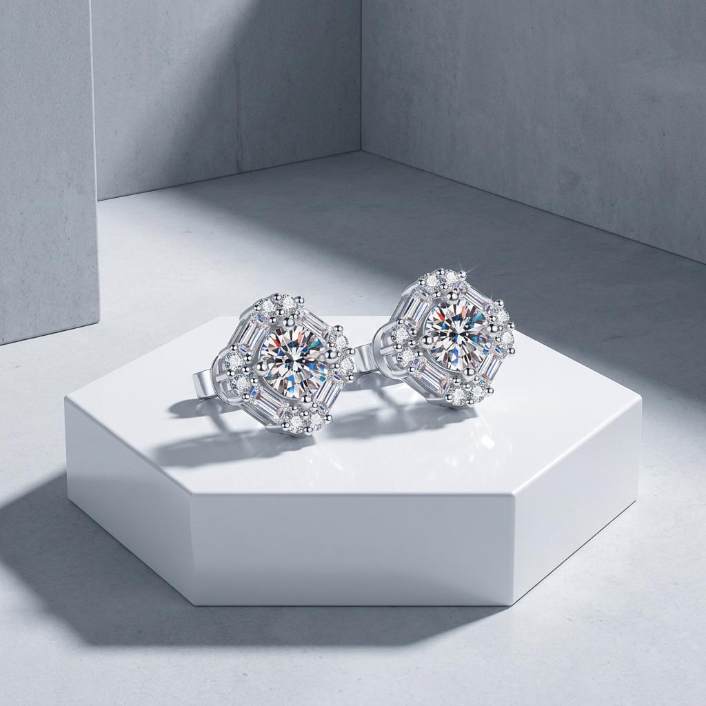 S925 Sterling Silver Platinum Plated Luxury Moissanite Stud Earrings with Square Halo Round Brilliant Cut for Women