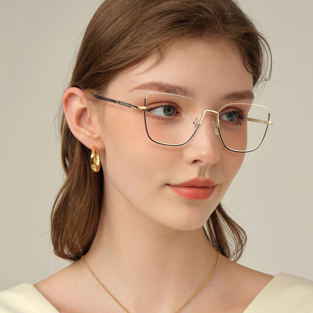 Metal Cat Eye Half Frame Glasses Women Trendy Thin Anti Blue Light Fashion Eyewear Casual Accessories
