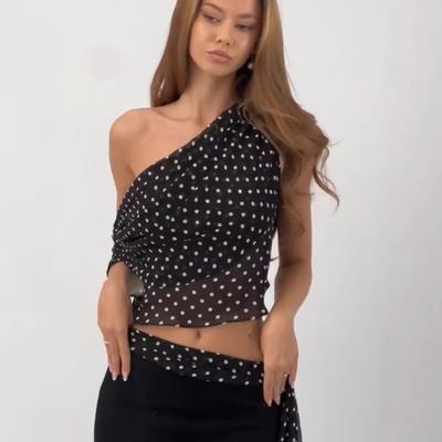 Women's Polka Dot Off-Shoulder Top 2026 Summer New Single-Shoulder Strap Semi-Transparent Chiffon Polka Dot Top