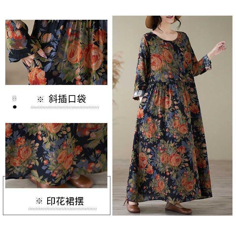 Printed Round Neck Loose Plus Size Long Sleeve Dresses for Women