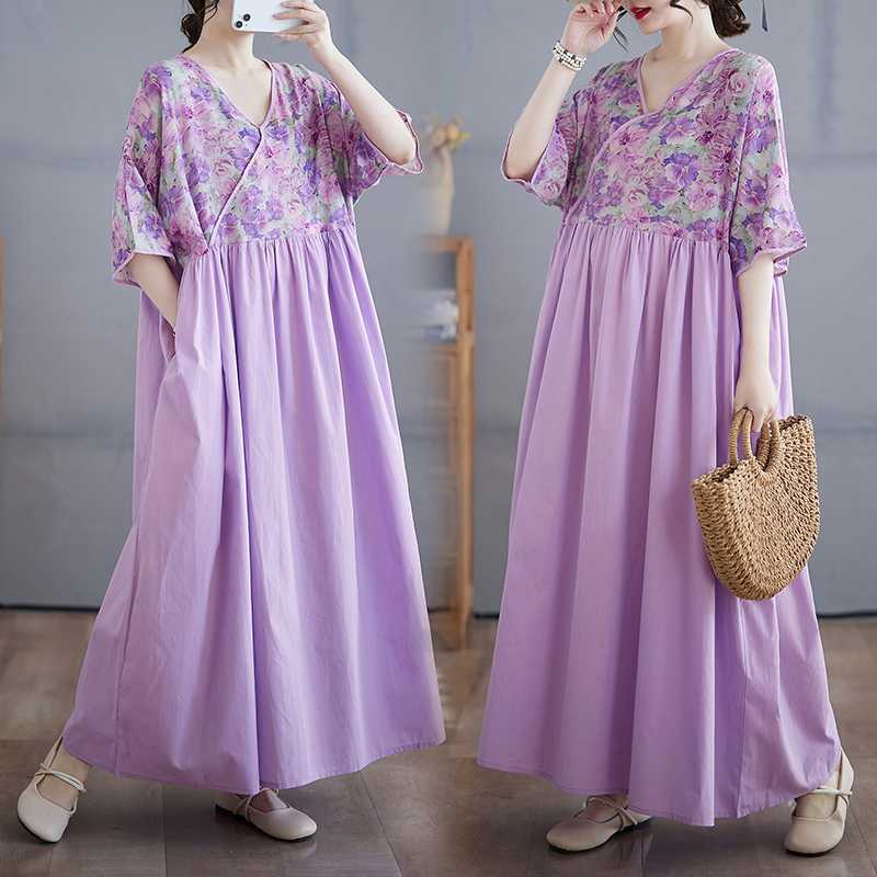 

Cotton and Linen Summer Patchwork Retro Style Dress Long Skirt One size