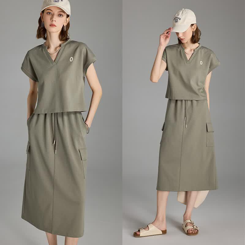 Women s Casual Sport V-Neck Top & Skirt Set L хаки
