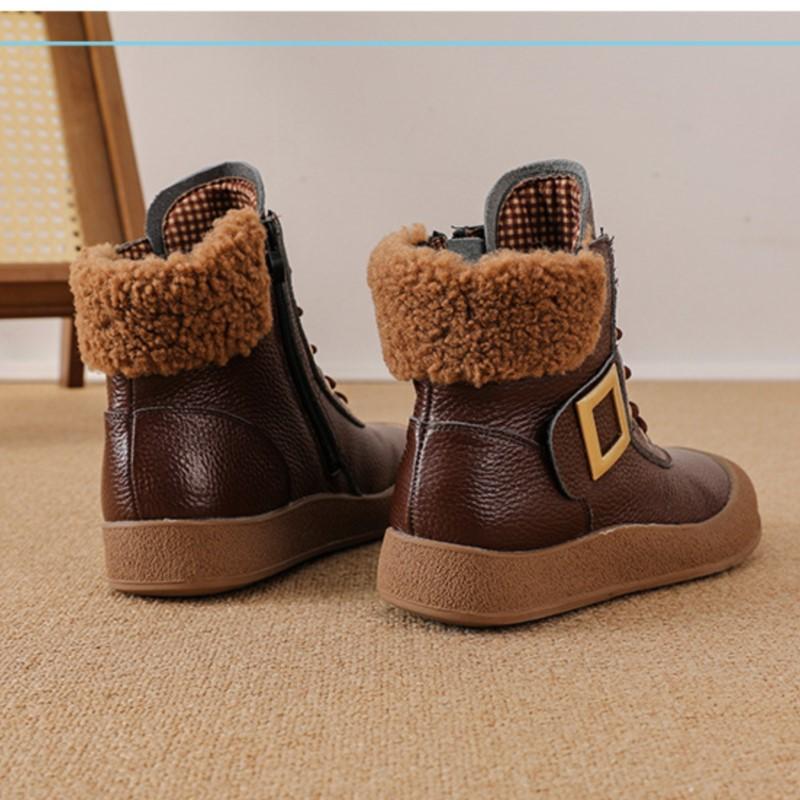 Johnature Retro Round Toe Side Zipper Plush Warm Short Boots Genuine Leather Soft Soled Women's Boots