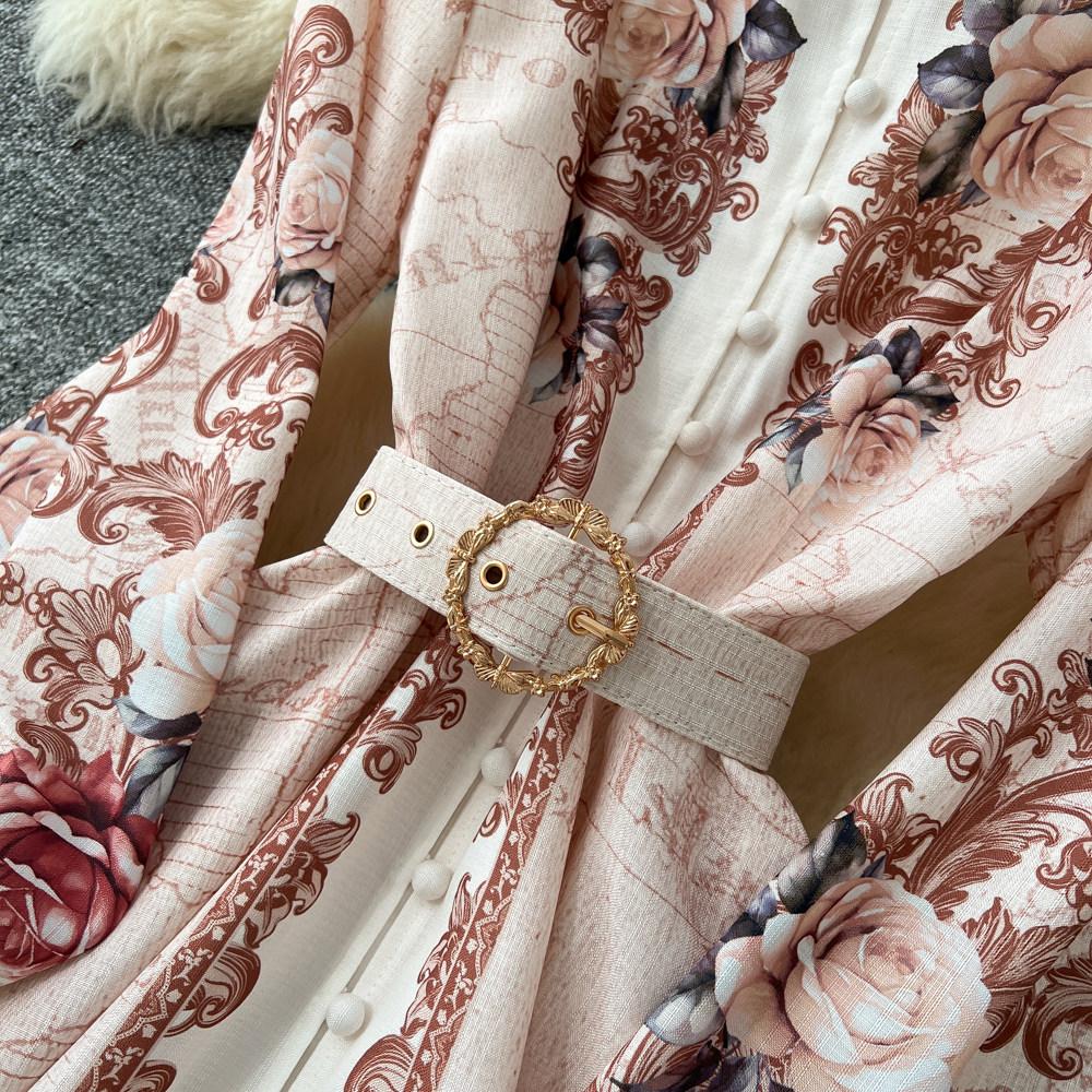 Women's Vintage Floral Print Long Maxi Dress Spring Stand Collar Long-Sleeve Single-breasted Fitted A-Line Dress