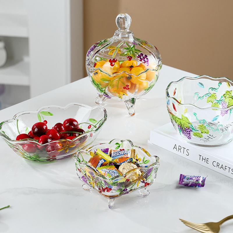 Hand Drawn Colored Glass Jar - Grape Carving, Square Retro Candy Jar, Ashtray, Relief Storage Jar, Jewelry Box & Decorative Bowl