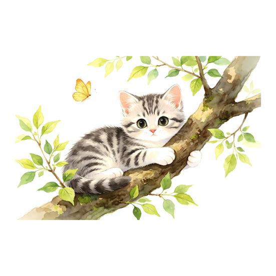 Yousheng Cartoon Cat On The Tree Branch Window Cling, Cute Watercolor Cat Butterflies Plants Window Sticker for Kids Room Bathroom Living Room