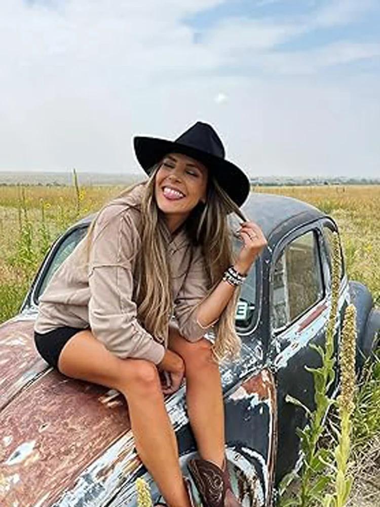 Damen Western Cowboyhüte Nietenbesetzte Eingedrückte Western Cowgirl Hüte Breiter Rand Fedoras Hut mit Gürtelschnalle
