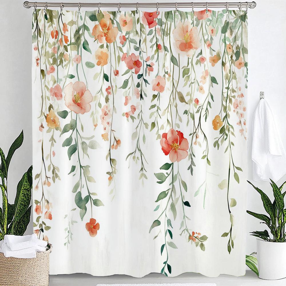 Blue Watercolor Plants Flower and Bird Print Waterproof Shower Curtain Partition Privacy Hanging Curtain with 12 Hooks Washable